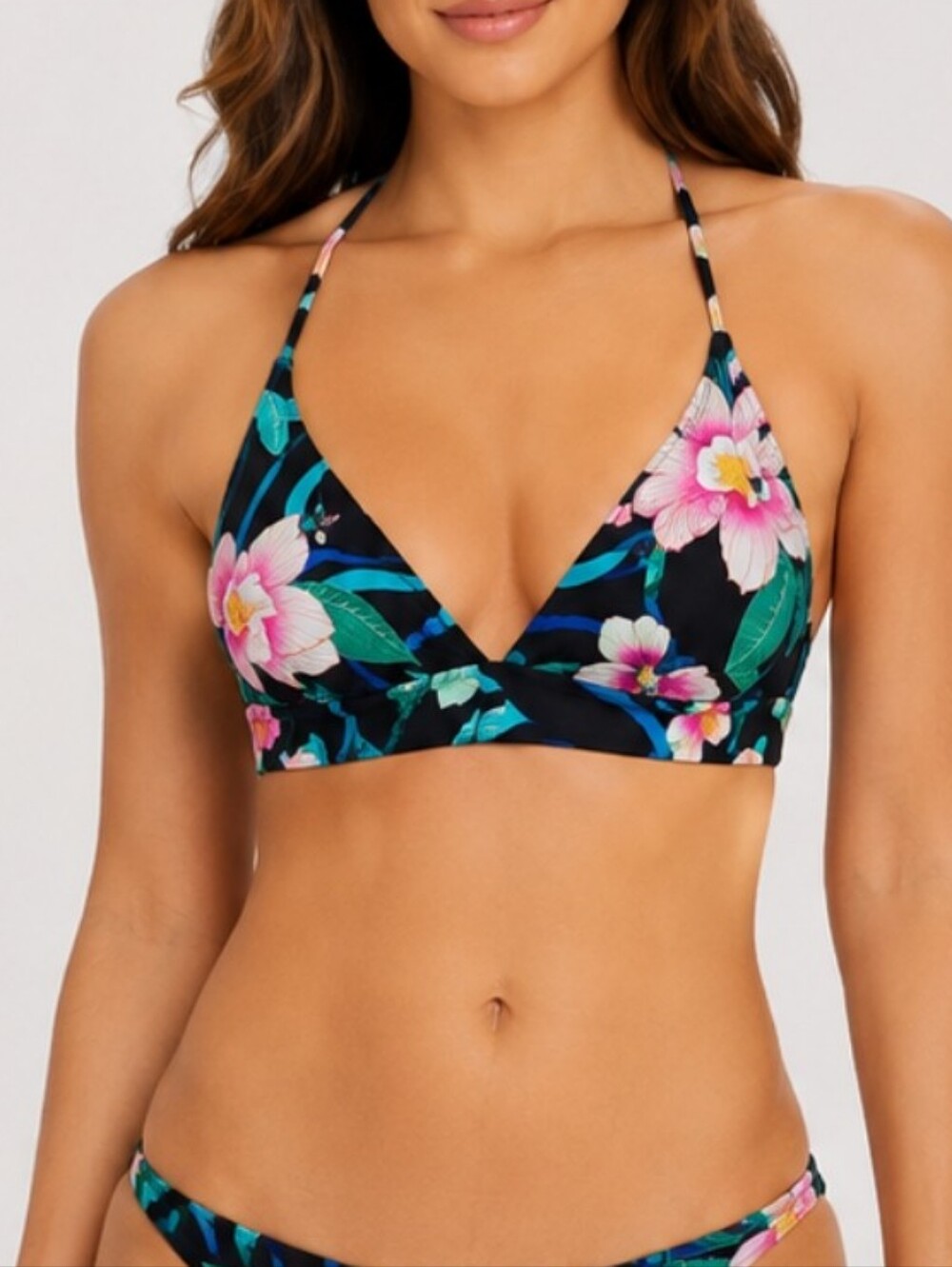 NWT | Plus | La Blanca Nightfall Blooms Banded Halter Bikini Top Black Floral
